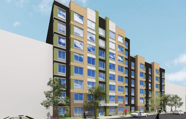 Rendering of a long, eight-story building.