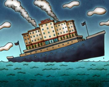 An illustration of a hotel on a ship that's sinking.