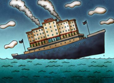 An illustration of a hotel on a ship that's sinking.