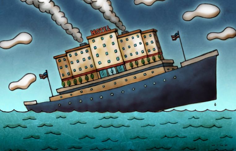 An illustration of a hotel on a ship that's sinking.
