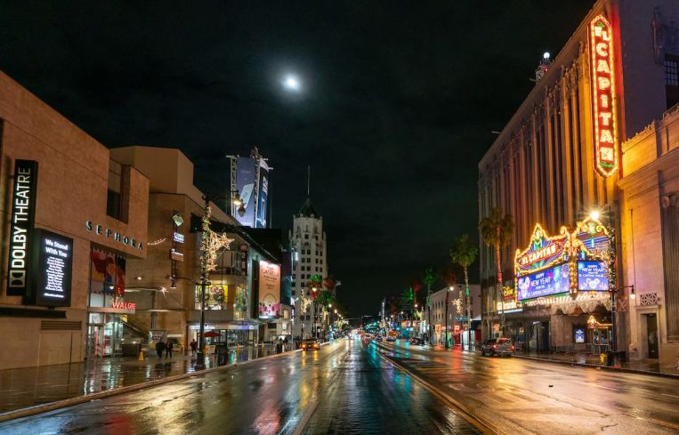 Hollywood Boulevard during the first rain of season on December 28. Without a daily flow of tourists and frequent movie premiers, the street was far more quiet than usual in 2020.