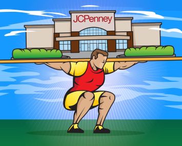 An illustration of a man balancing a mall on his shoulders.