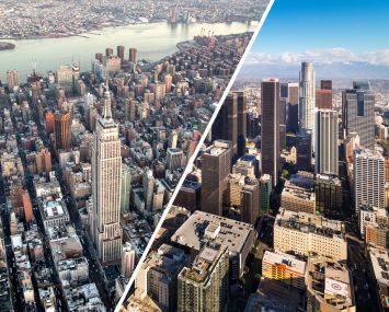 Aerials of New York (left) and Los Angeles.