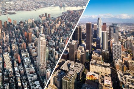 Aerials of New York (left) and Los Angeles.