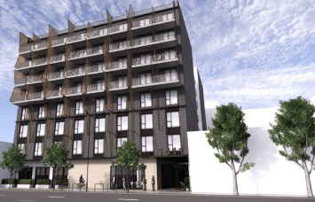 Renderings show the project at 1411 South Flower Street in the South Park neighborhood of Downtown L.A., about a half-block from the Convention Center.