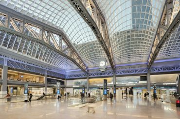 The SOM-designed space repurposes the massive James A. Farley Post Office building as a train hall, with a 115,000-square-foot retail and food hall component that will open later this year. 