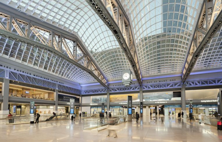 The SOM-designed space repurposes the massive James A. Farley Post Office building as a train hall, with a 115,000-square-foot retail and food hall component that will open later this year.