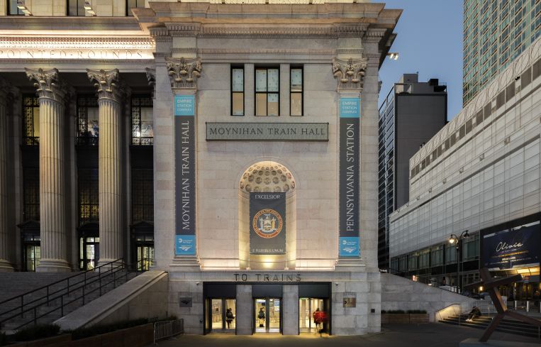 The landmarked exterior of the Farley Building remains largely untouched, except for a new set of color-changing LED lights.