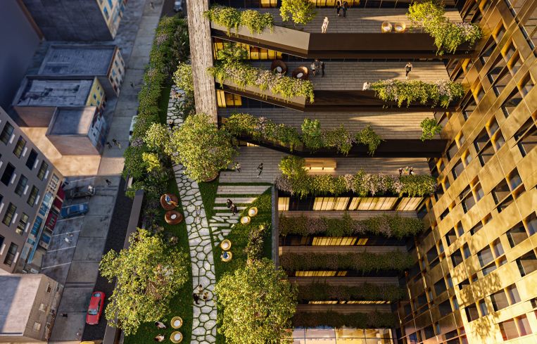 A large open atrium ringed by terraces will help bring light and air into the large building.