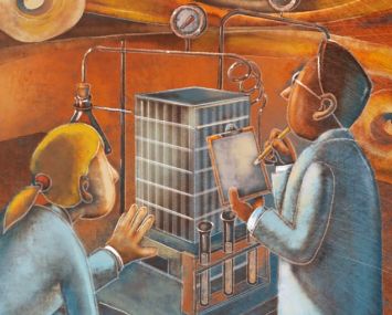 An illustration of two scientists examining a building.