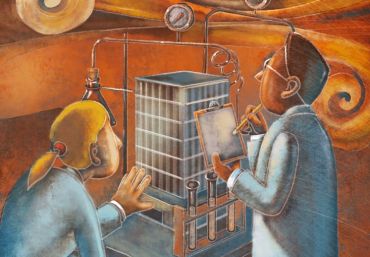 An illustration of two scientists examining a building.