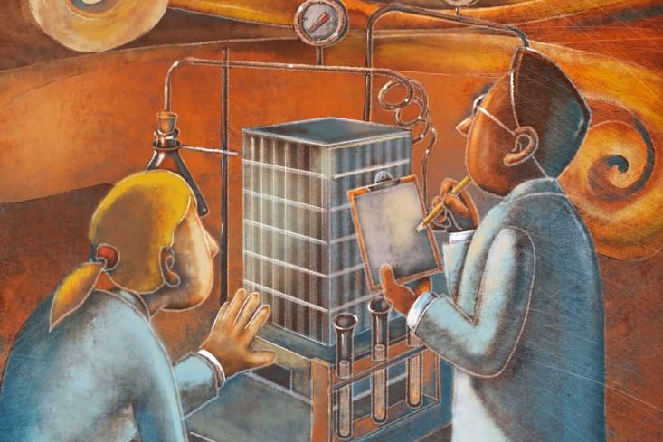 An illustration of two scientists examining a building.