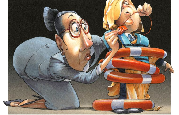 An illustration of a woman wrapping a child in protective gear.