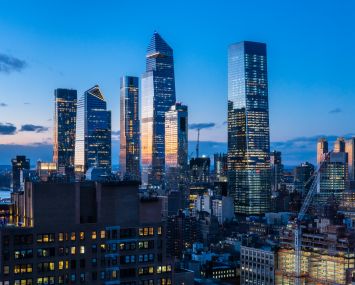 A wide shot of tall, glassy towers.