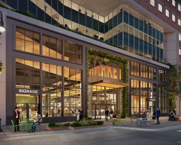 Rendering of a multi-story, glass storefront.