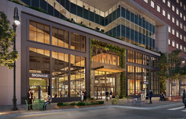 Rendering of a multi-story, glass storefront.