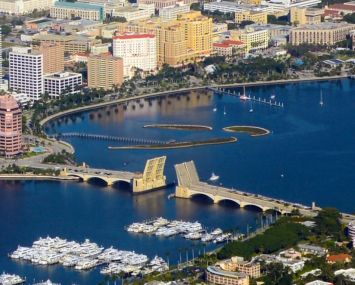 Aerial view of West Palm Beach, with Phillips Point on the left at the base of Royal Park Bridge.