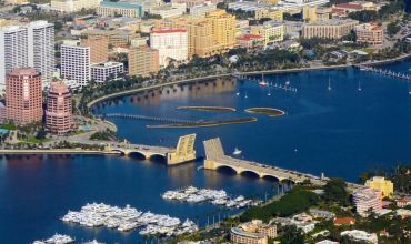 Aerial view of West Palm Beach, with Phillips Point on the left at the base of Royal Park Bridge.