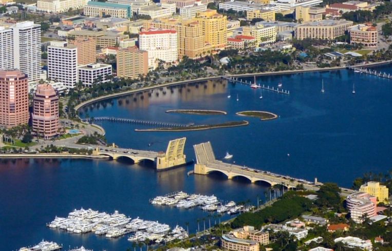 Aerial view of West Palm Beach, with Phillips Point on the left at the base of Royal Park Bridge.
