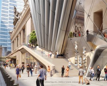 The new 83-story tower at 175 Park Avenue will rise on top of a train hall and include an elevated public space at its base—accessible via stairs from the street—that offers views of Grand Central Terminal and other nearby landmarks.