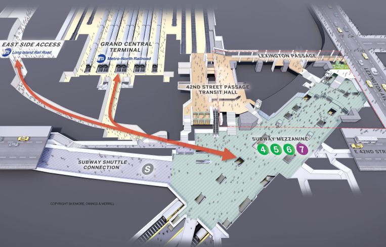 A new 12,000-square-foot passageway will connect the East Side Access terminal below One Vanderbilt to the Metro North platforms and the subway station mezzanine level.