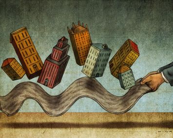 An illustration of a rug being pulled out from under buildings.