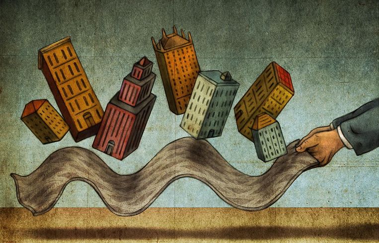 An illustration of a rug being pulled out from under buildings.