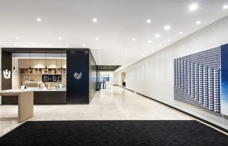 Fogarty Finger designed the new lobby of 5 Five Bryant Park, complete with a coffee bar.