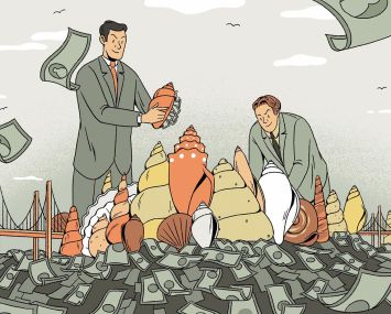 An illustration of two men moving around shells, with money coming out.