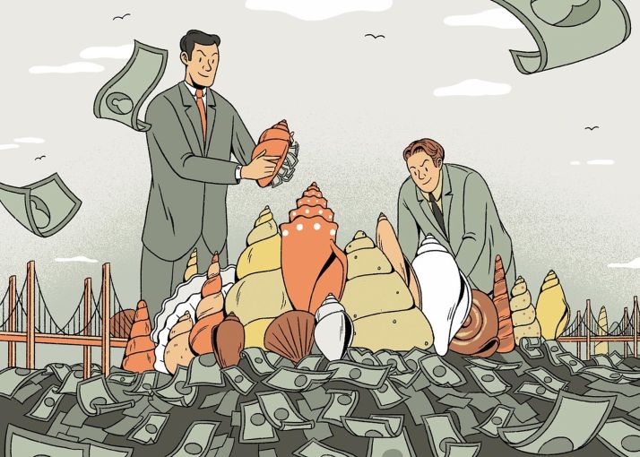 An illustration of two men moving around shells, with money coming out.