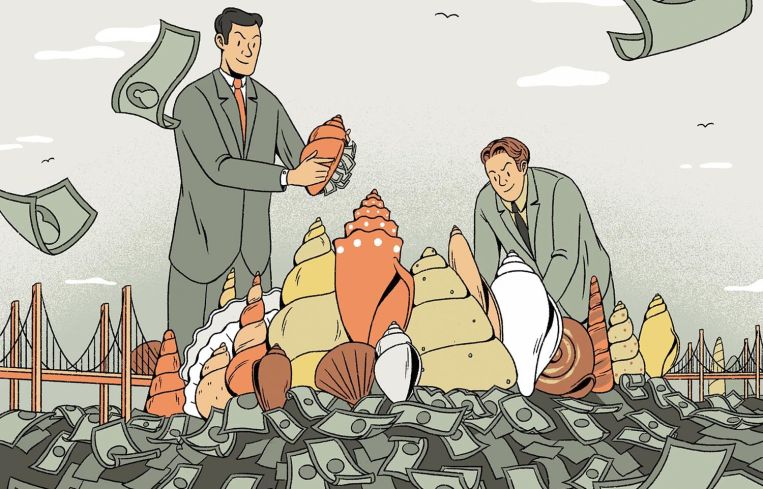 An illustration of two men moving around shells, with money coming out.