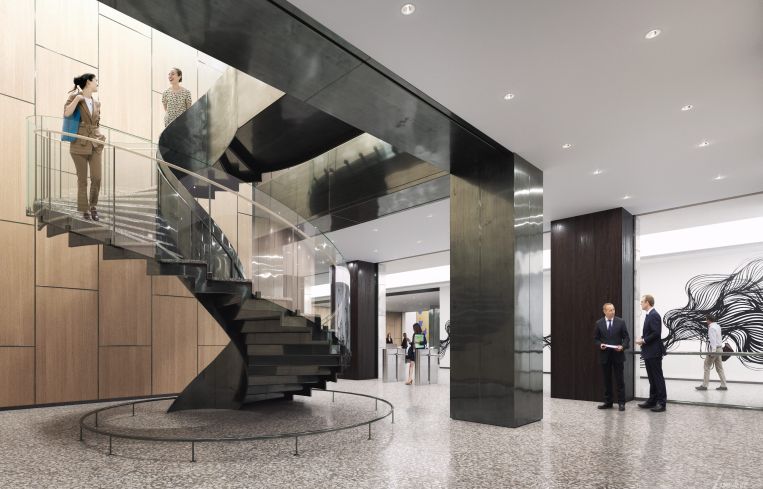 The new lobby also includes a polished black spiral staircase connecting the first two floors.