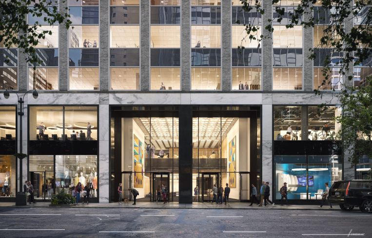 The facade of the first two floors was renovated with white marble panelling and expanded floor to ceiling windows on the second floor.