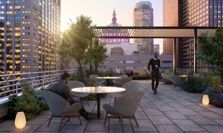 Gensler also designed a large roof deck for building tenants with a bar for events. 