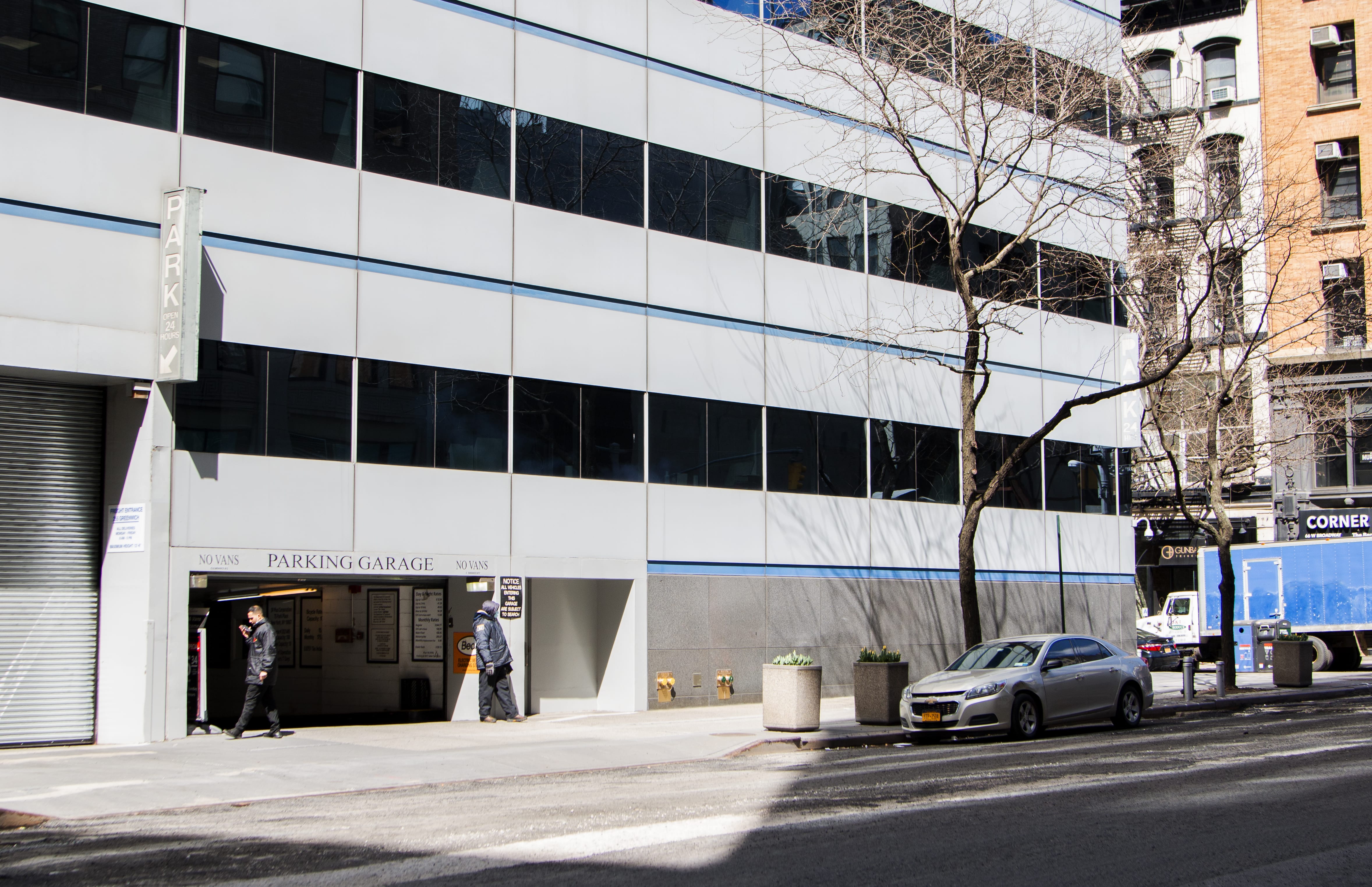 The exterior of an urban garage.