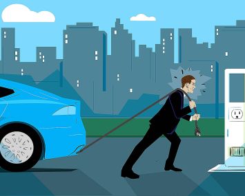 An illustration of a man pulling a car by a cord toward a charging station.