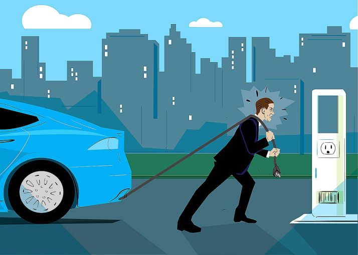 An illustration of a man pulling a car by a cord toward a charging station.