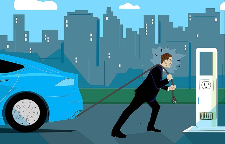 An illustration of a man pulling a car by a cord toward a charging station.