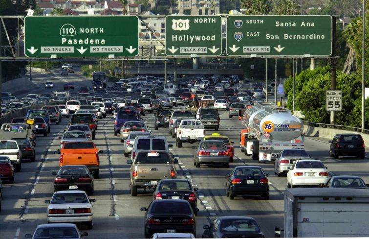 Traffic fills the 110 freeway in Downtown Los Angeles. Out of the total number of people who moved throughout California in 2020, about 80 percent moved to a new location in the state, not out of it.