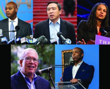 Candidates (clockwise from top left) Ray McGuire, Andrew Yang, Maya Wiley, Eric Adams and Scott Stringer.