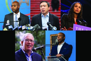 Candidates (clockwise from top left) Ray McGuire, Andrew Yang, Maya Wiley, Eric Adams and Scott Stringer.