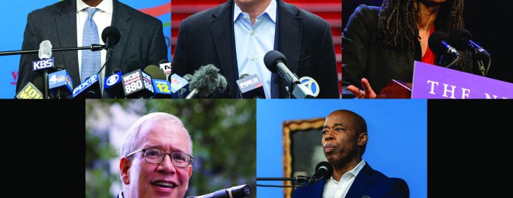 Candidates (clockwise from top left) Ray McGuire, Andrew Yang, Maya Wiley, Eric Adams and Scott Stringer.