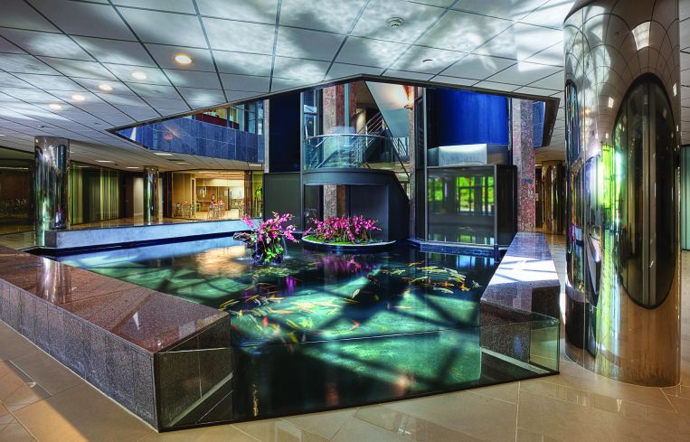 A pond with fish inside a building lobby.