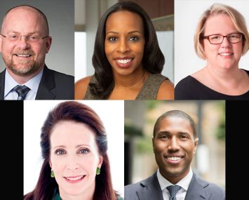 Clockwise from top left: Fried, Frank, Harris, Shriver & Jacobson LLP's Michael Barker, Goldman Sachs' Margaret Anadu, Thor Equities' Melissa Gliatta, JPMorgan Chase's Chad Tredway and Cushman & Wakefield's Tara Stacom.