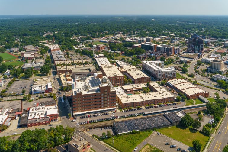 An aerial view of the West Village development in downtown Durham.