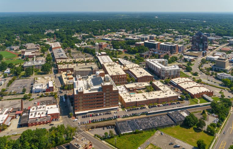 An aerial view of the West Village development in downtown Durham.