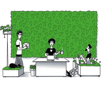 A drawing of people in front of a green wall.