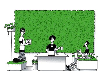 A drawing of people in front of a green wall.