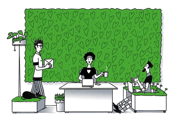 A drawing of people in front of a green wall.
