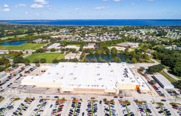 Florida, Saint Cloud, Wal-Mart Supercenter, aerial with parking lot.